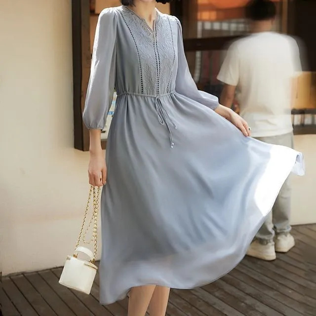 Kwuartz - Puff-Sleeve Plain Floral Embroidered Midi A-Line Dress | YesStyle Global