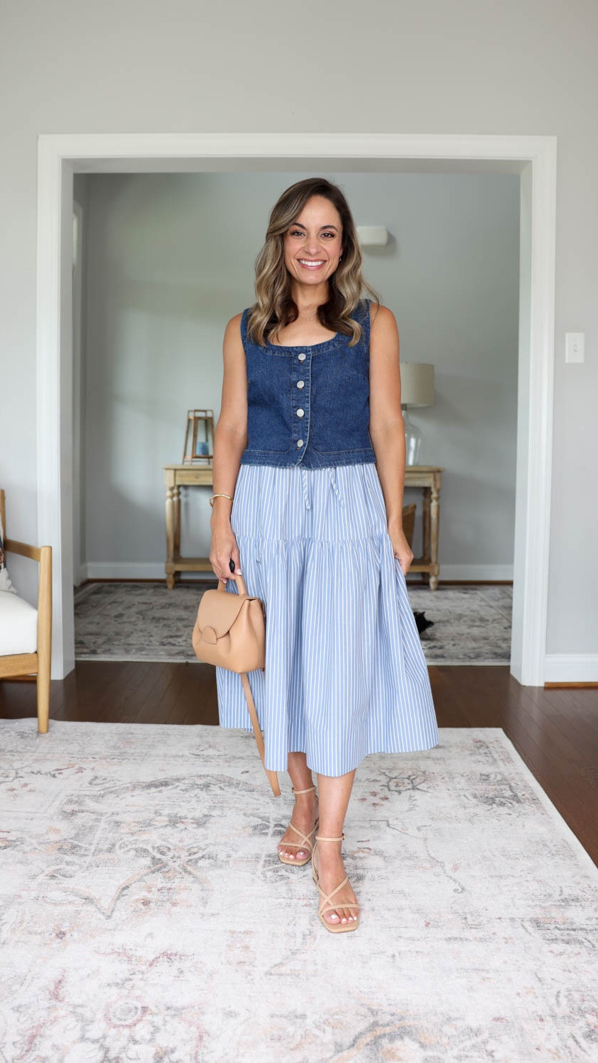 Summer outfits by color: blue 

Striped blue skirt: xxs 
Denim vest: 0

#LTKPetite