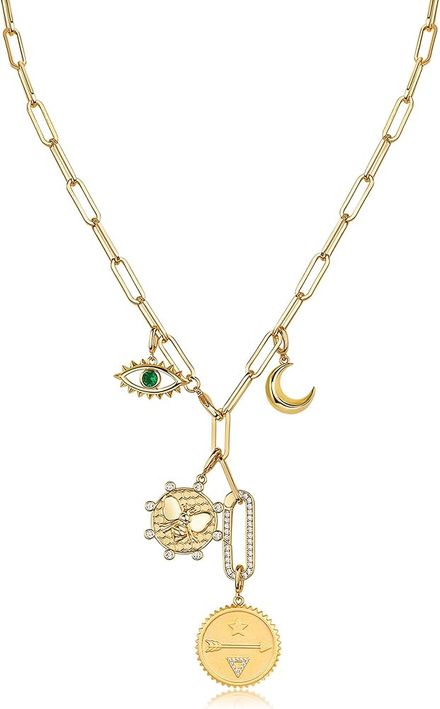 PAVOI 14K Gold Plated Cluster Toggle Pendant Heart Charm Necklace for Women - Chain Heart, Star, ... | Amazon (US)