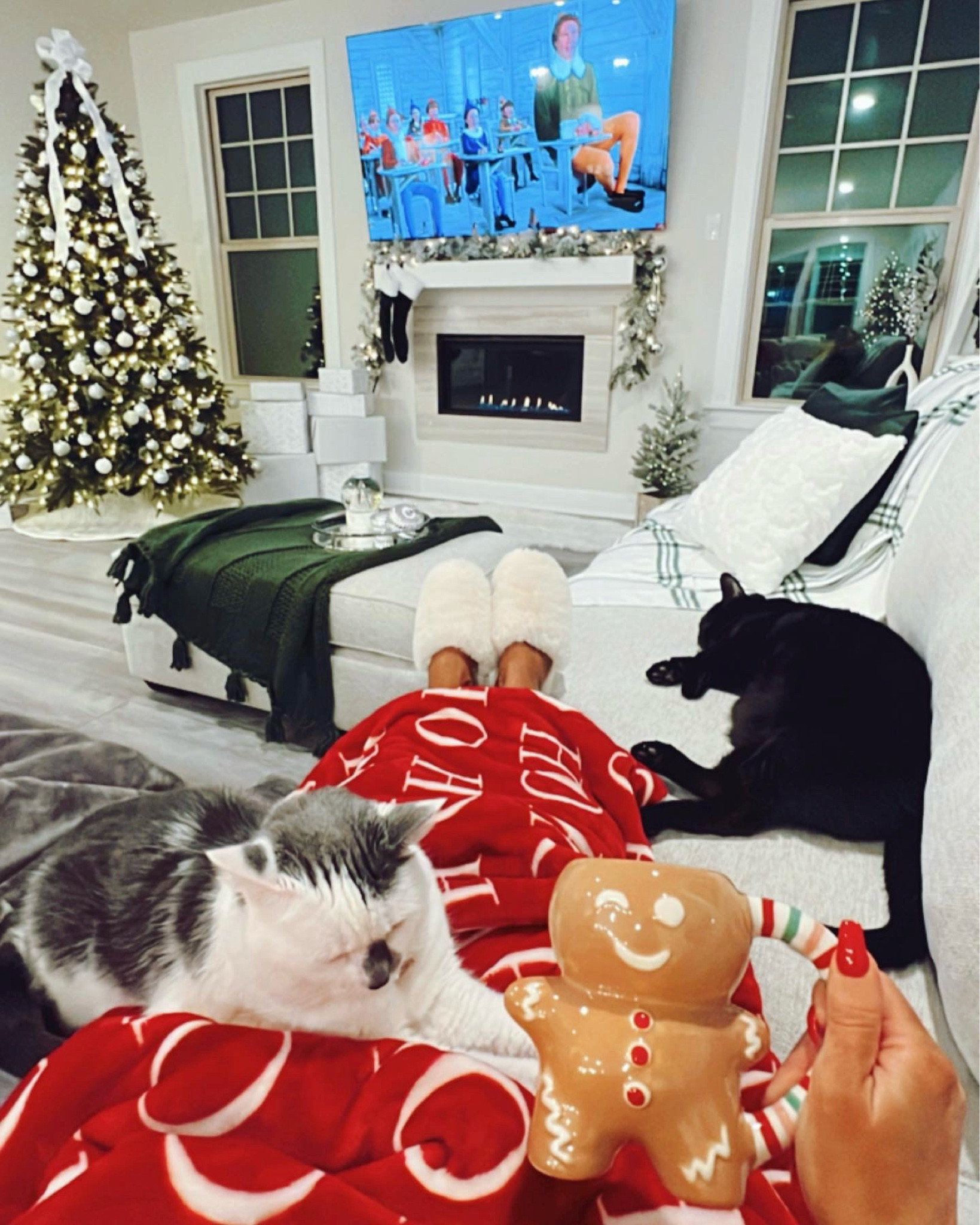 Cozy Christmas Vibes 🎅🏼
These Holiday + Christmas Mugs + blanket would make a great holiday gift! Or gift yourself for a cozy night in by the fire with a mug full of hot chocolate! I have Target's gingerbread mug from last year, but they released really cute holiday mugs this year that are linked.

I also linked my Christmas tree decorations + holiday decor that will cozy up your space this holiday season 🎄✨

Here, we decorated our artificial Christmas tree with white and silver ornaments for a glitz + glam holiday look. I used white and silver wrapping paper to match when placing presents under the Christmas tree. We used a white cable knit tree skirt. I made the Christmas tree topper bow from white and silver wired ribbon. 

We added more texture to cozy up our living room with a white faux fur rug infront of the fireplace. We hung flocked garland and green stockings along the mantel. We wrapped matching flocked garland around the stair railings. At the end of each banister, I added a white and silver wired ribbon bow and silver jingle bells. 

The flocked artificial mini tree and white lantern helped add classy Christmas decor to our home. We hung green and plaid blankets from our blanket ladder. We added matching green pillow covers on the throw pillows on the couch. 

#LTKGiftGuide #LTKHoliday #LTKSeasonal