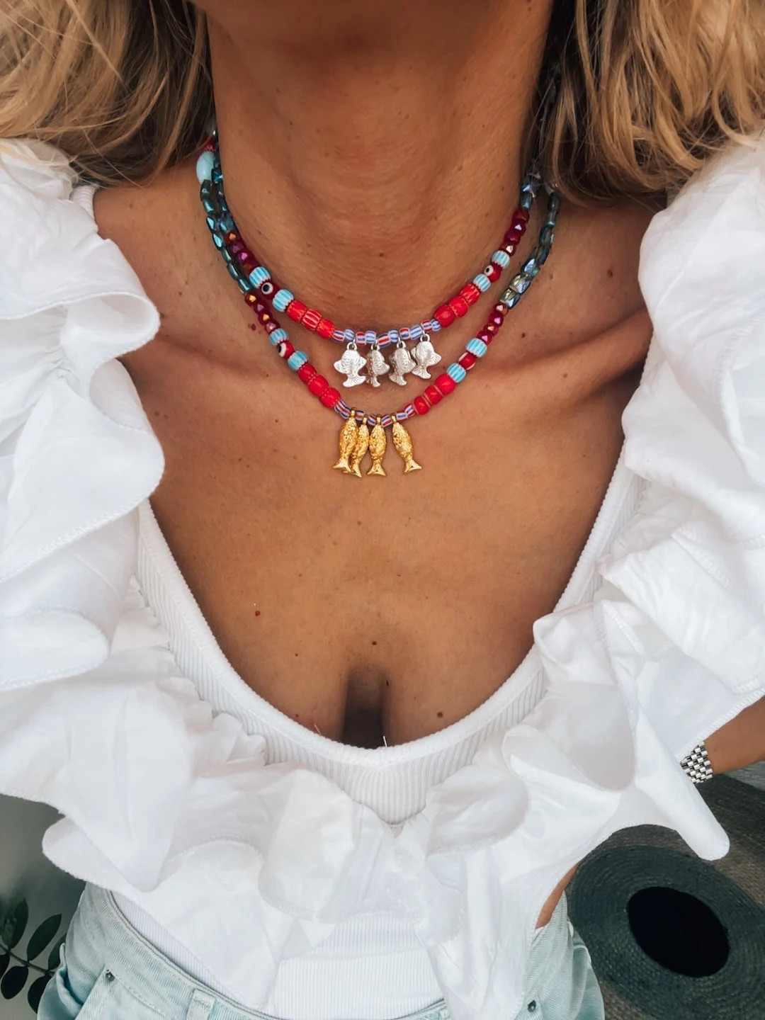 Greek Blue Beaded Necklace With Large Glass Eye,red and Light Blue,gift for Her, Birthday Gift,su... | Etsy (US)