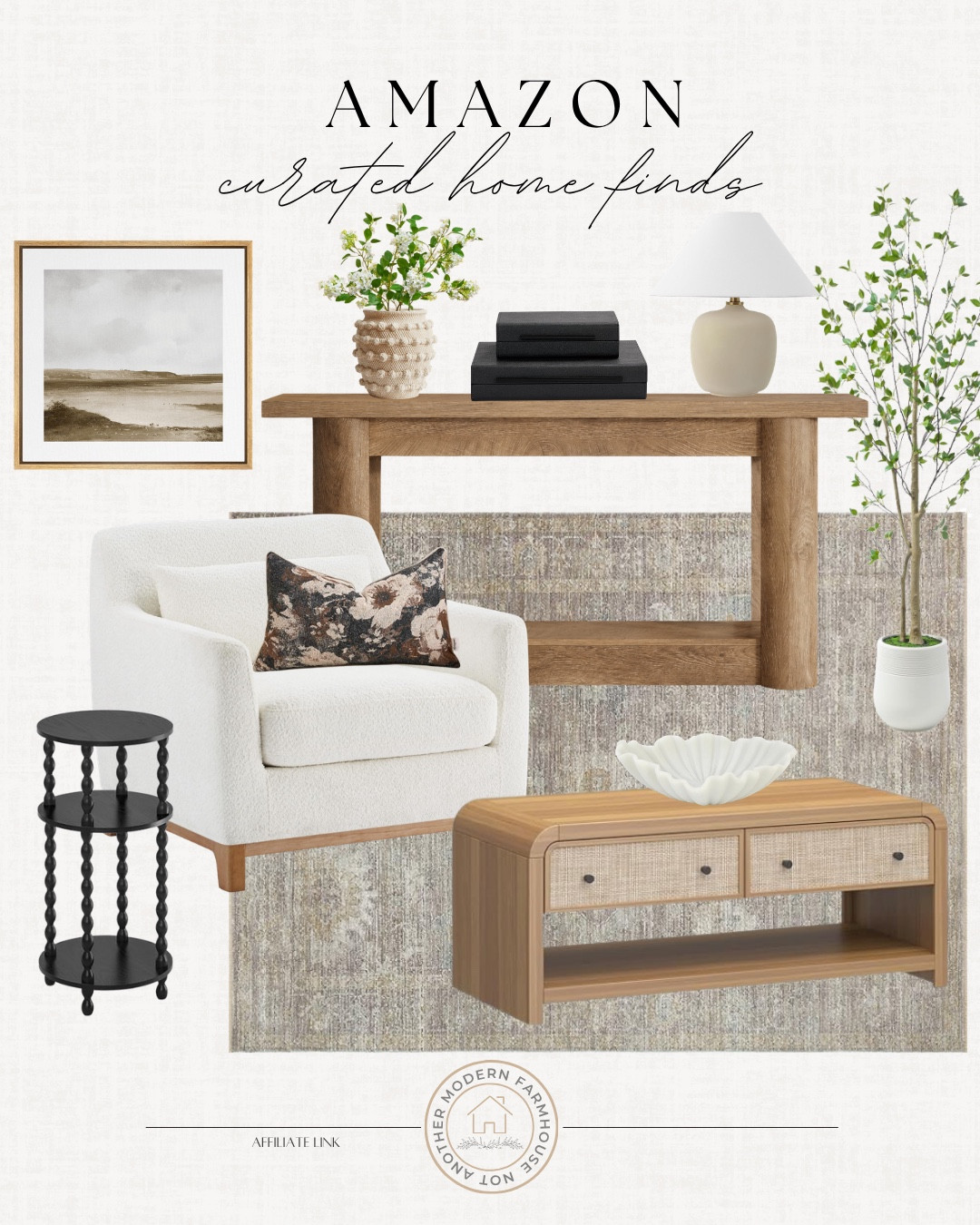 Amazon curated home finds include area rug, coffee table, decorative bowl, faux tree, console table, table lamp, decorative boxes, vase, greenery stems, wall art, accent chair, throw pillow, and side table.

Home decor, living room decor, styled living room, home accents

#LTKHome #LTKSeasonal #LTKSaleAlert
