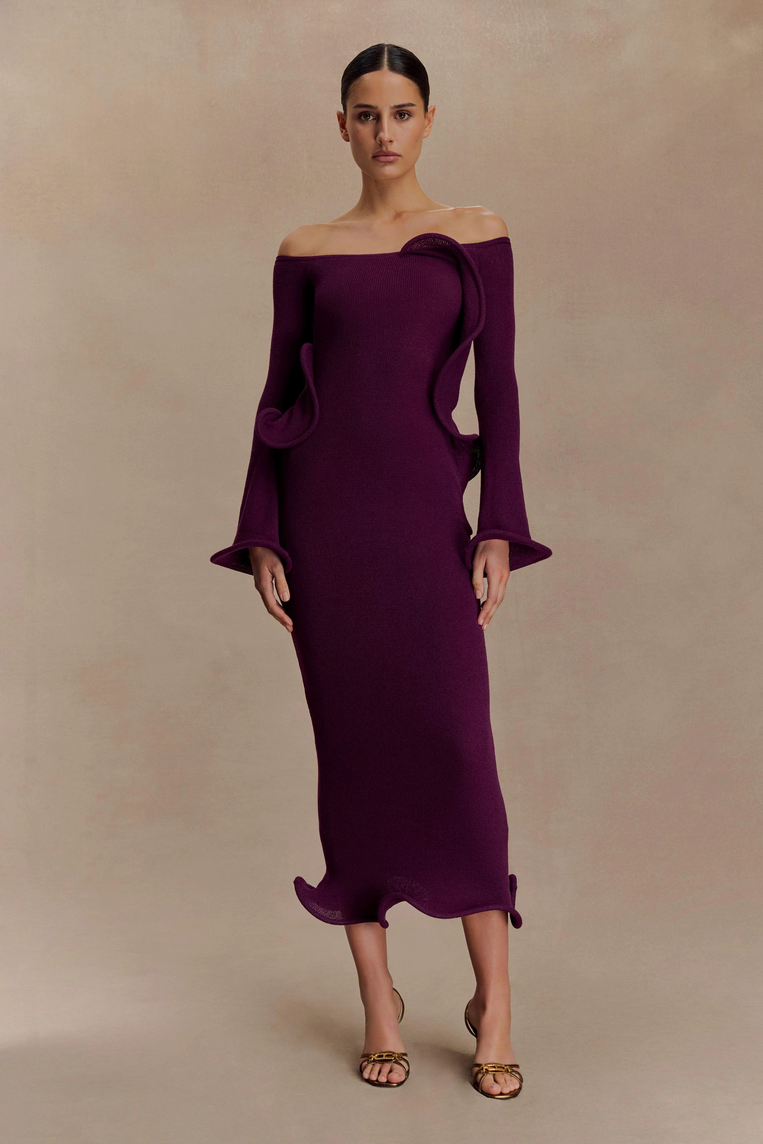 Sandrine Off Shoulder Knit Maxi Dress - Plum | MESHKI US