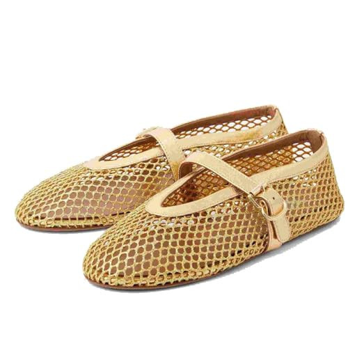 DOEYG Gold Mesh Ballet Flats for Women Round Toe Mesh Flats Ballet Shoes Buckle Strap Mesh Mary Jane Flats Comfy Casual Office Summer Fishnet Ballerina Flats Shoes | Amazon (US)