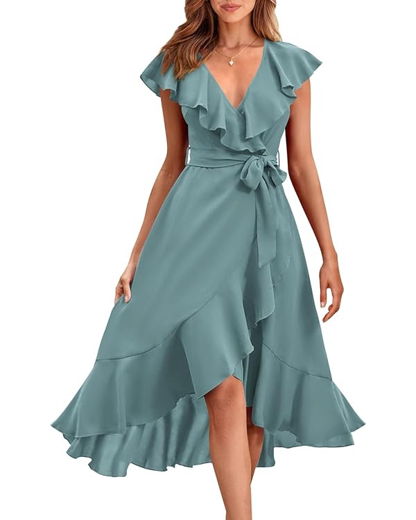 PRETTYGARDEN Womens Summer Wrap V Neck Split Party Dress Ruffle Short Sleeve Midi Dress With Belt | Amazon (US)