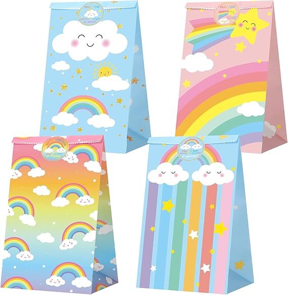 24 Pack Rainbow Party Favor Bags with Stickers Rainbow Goodie Candy Bags Pastel Rainbow Treat Bag... | Amazon (US)