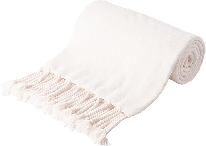 BATTILO HOME Off White Throw Blanket for Couch, Bed, Sofa - Soft Cozy Cream Chenille Throw with F... | Amazon (US)