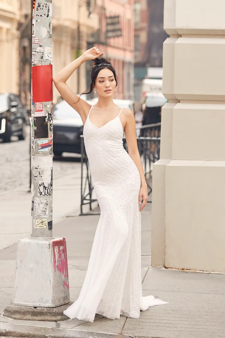 Adoring Devotion White Mesh Beaded Sequin Mermaid Maxi Dress | Lulus (US)