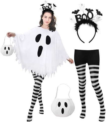 4 Pcs Ghost Costume Adult with Accessories,Ghost Costume Women Poncho/Bag/Headband/Tights Hallowe... | Amazon (US)