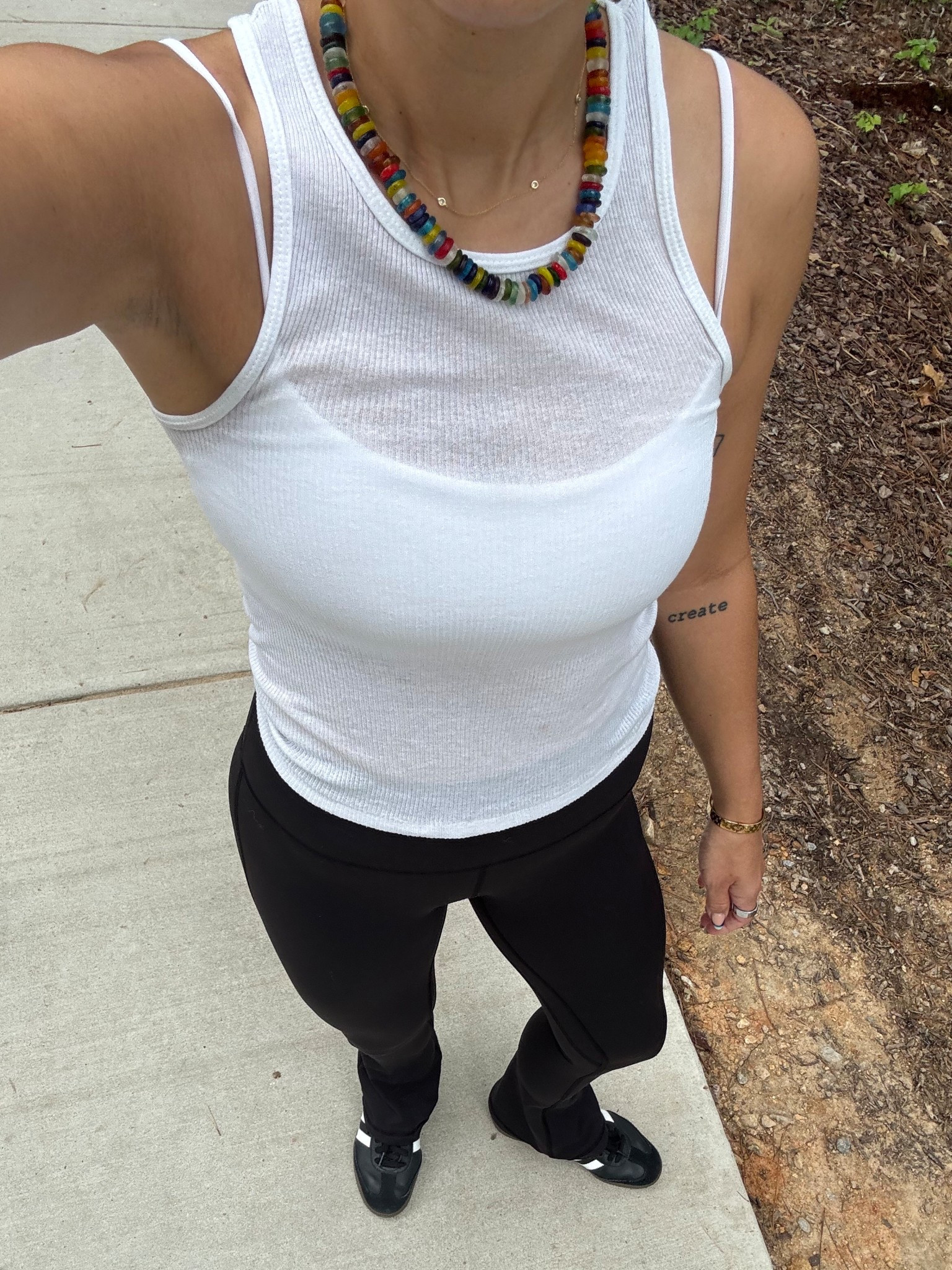 Sheer tank top
Walking outfit 
Flare leggings 
Trending 

#LTKShoeCrush #LTKActive #LTKFindsUnder100