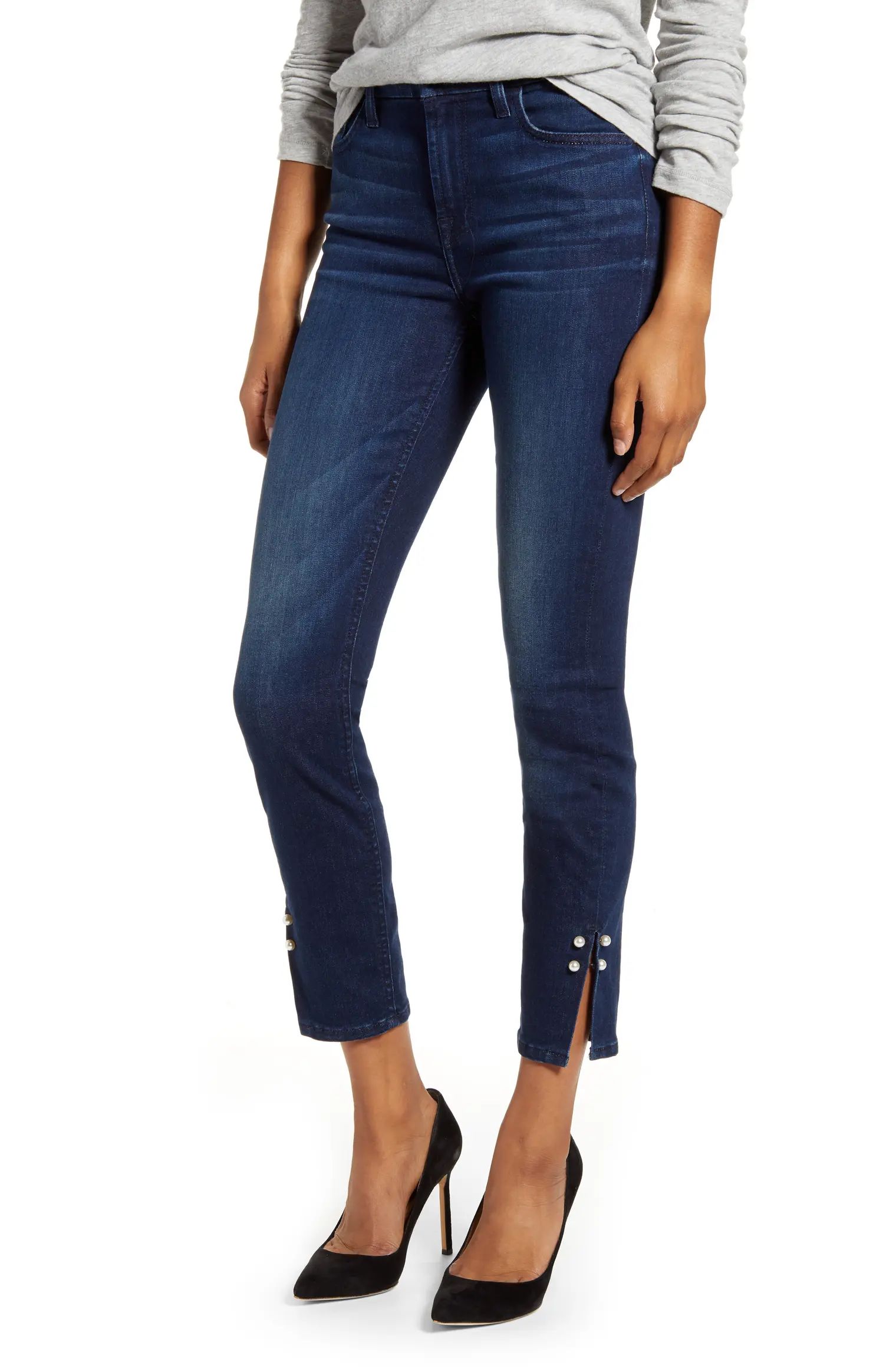High Waist Imitation Pearl Cuff Detail Ankle Skinny Jeans | Nordstrom