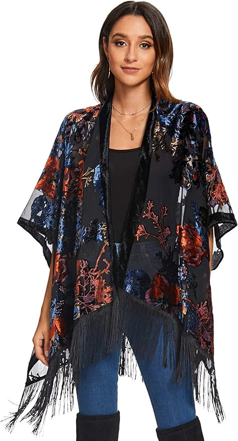 SERECA Women's Burnout Velvet Kimono Cardigan Cover Up with Tassel | Amazon (US)