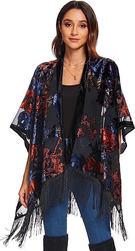 SERECA Women's Burnout Velvet Kimono Cardigan Cover Up with Tassel | Amazon (US)
