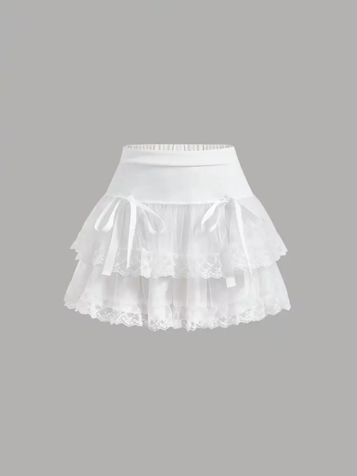 SHEIN MOD Contrast Embroidery Mesh Tie Front Layer Hem Skirt | SHEIN