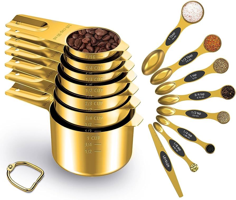 Gold Measuring Cups and Spoons Set of 15, 18/8 Stainless Steel, Includes 7 Nesting Metal Measurin... | Amazon (US)