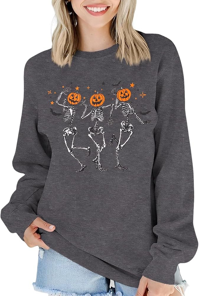 KEKEMI Women Halloween Sweatshirt Pumpkin Head Dancing Skeleton Shirt Long Sleeve Spooky Season H... | Amazon (US)