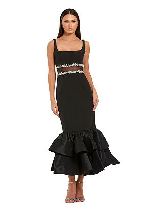 Women's Crepe Midi Dress with Jewel Detail & Ruffle Hem | Macy's
