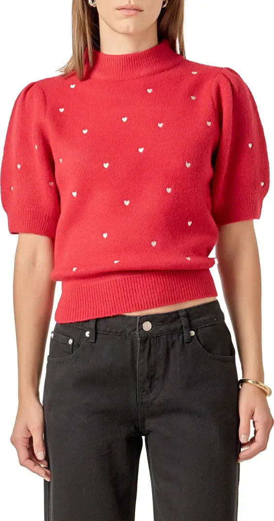 Heart Embroidered Puff Sleeve Sweater | Nordstrom