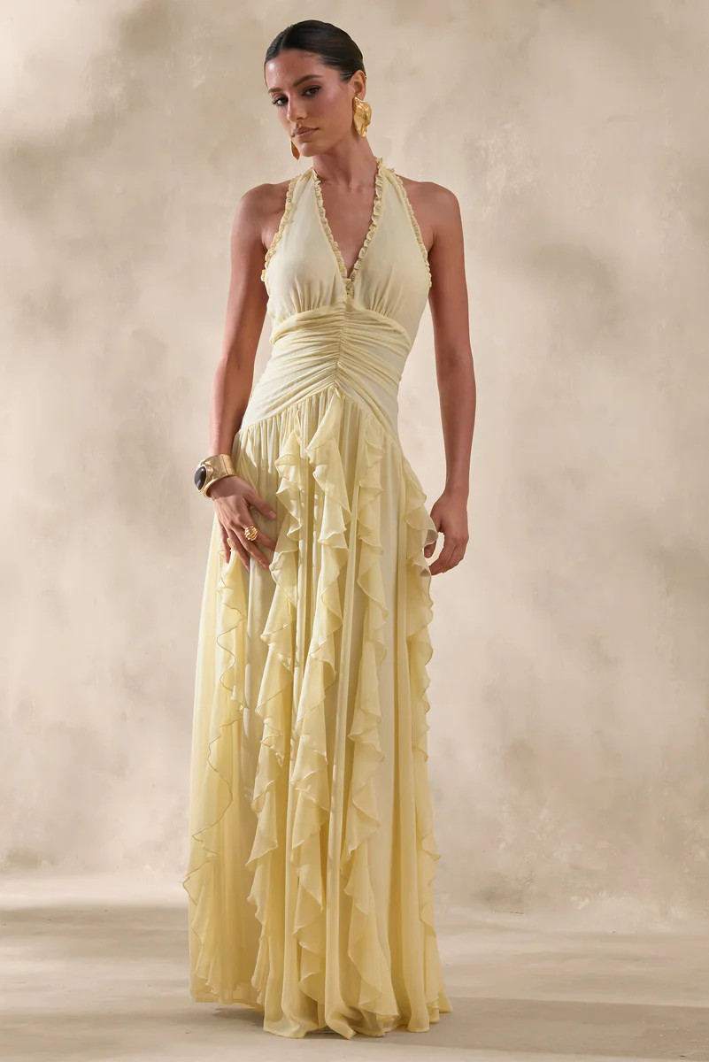 Bea  Lemon Plunge-Neck Ruffled Maxi Dress | Club L London