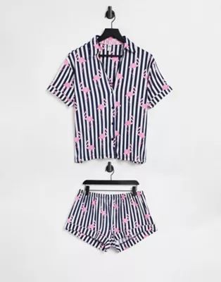 Chelsea Peers flamingo and stripe print shirt and shorts pajama set in black and white | ASOS | ASOS (Global)