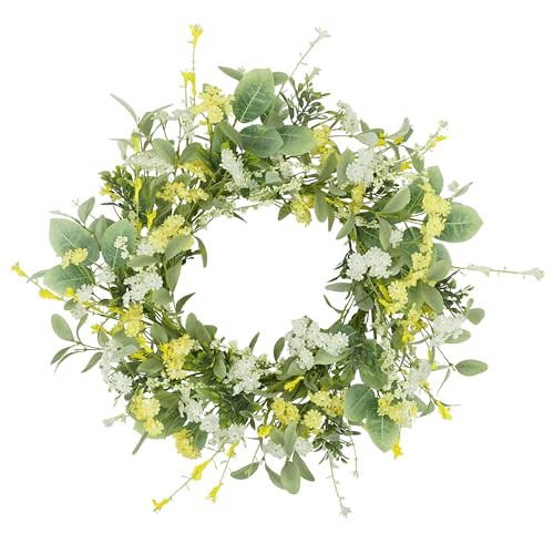 YNYLCHMX 18" Spring Summer Wreaths for Front Door, Artificial Floral Wreath with Yellow White Daisy & Green Eucalyptus Leaves, Green Foliage Wreath for Wall Window Farmhouse Party Holiday Home Decor | Amazon (US)