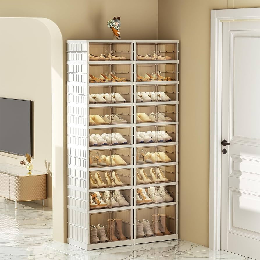 Collapsible Shoe Rack Organizer 9 Tiers-36 Pairs Foldable Shoe Cabinet with Doors, Large Plastic ... | Amazon (US)