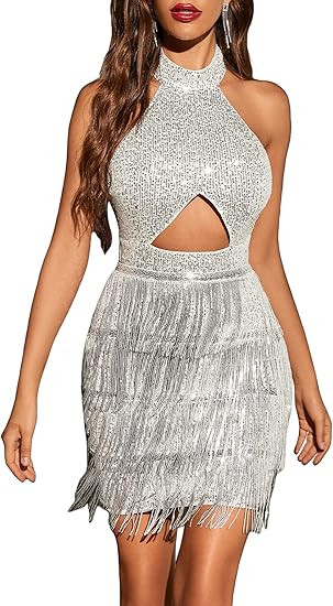 WDIRARA Women's Cut Out Crisscross Sleeveless Backless Fringe Hem Sequin Bodycon Halter Dress | Amazon (US)