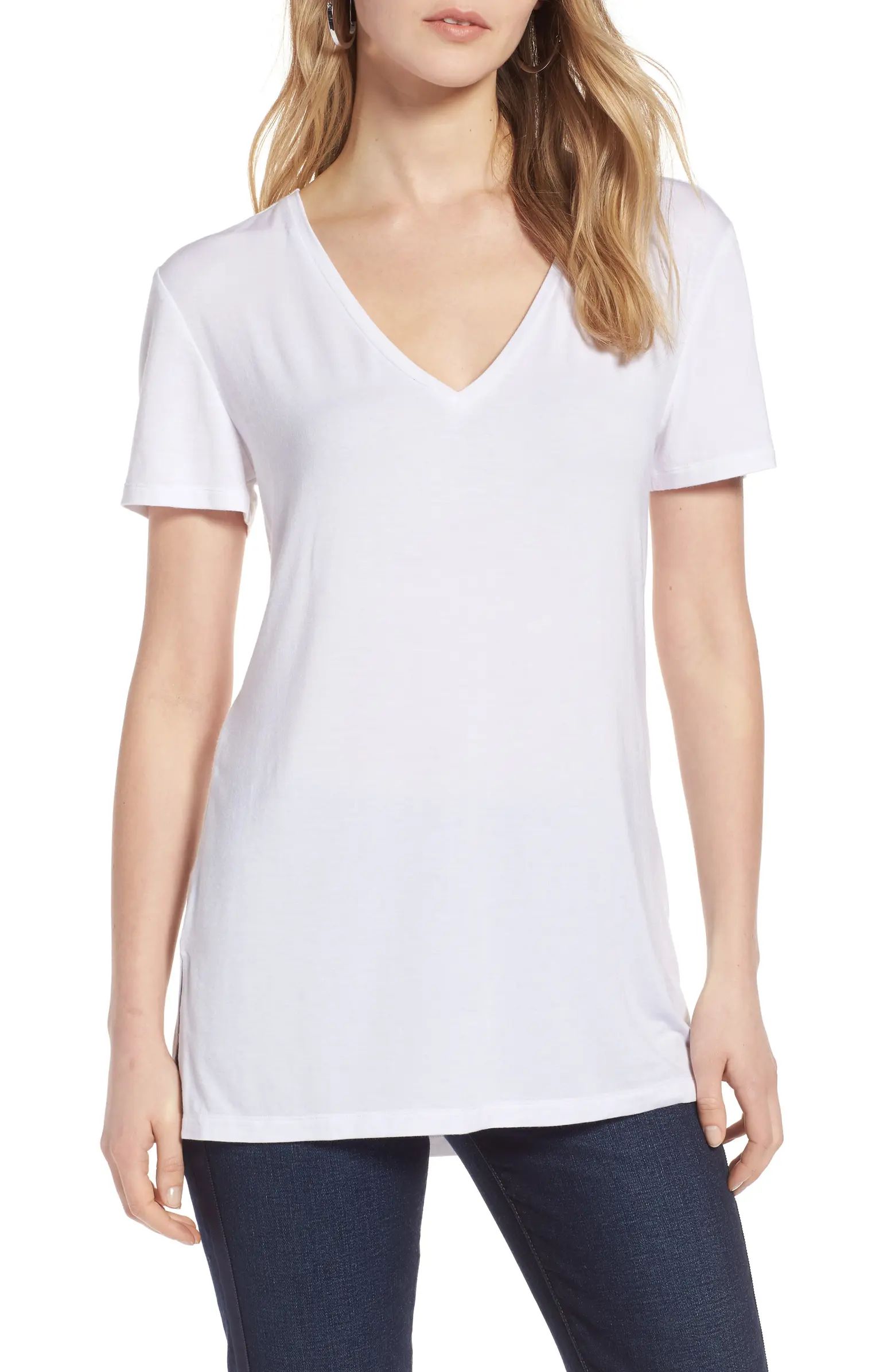 HALOGEN<SUP>®</SUP> V-Neck Tunic T-Shirt, Main, color, WHITESize InfoIf between sizes, order one... | Nordstrom