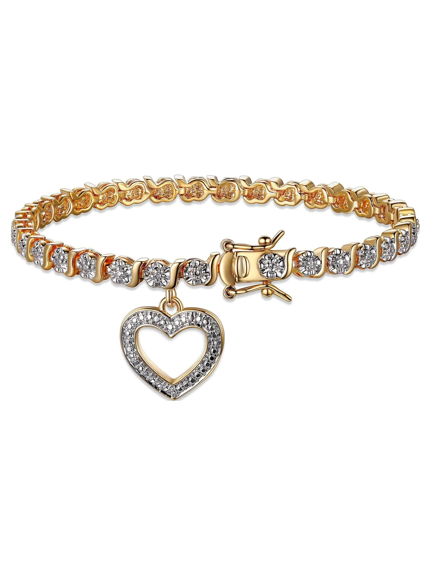 Forever Facets Diamond Accent Open Heart Charm 18K Yellow Gold Plated 7.25" Tennis Bracelet, Adul... | Walmart (US)