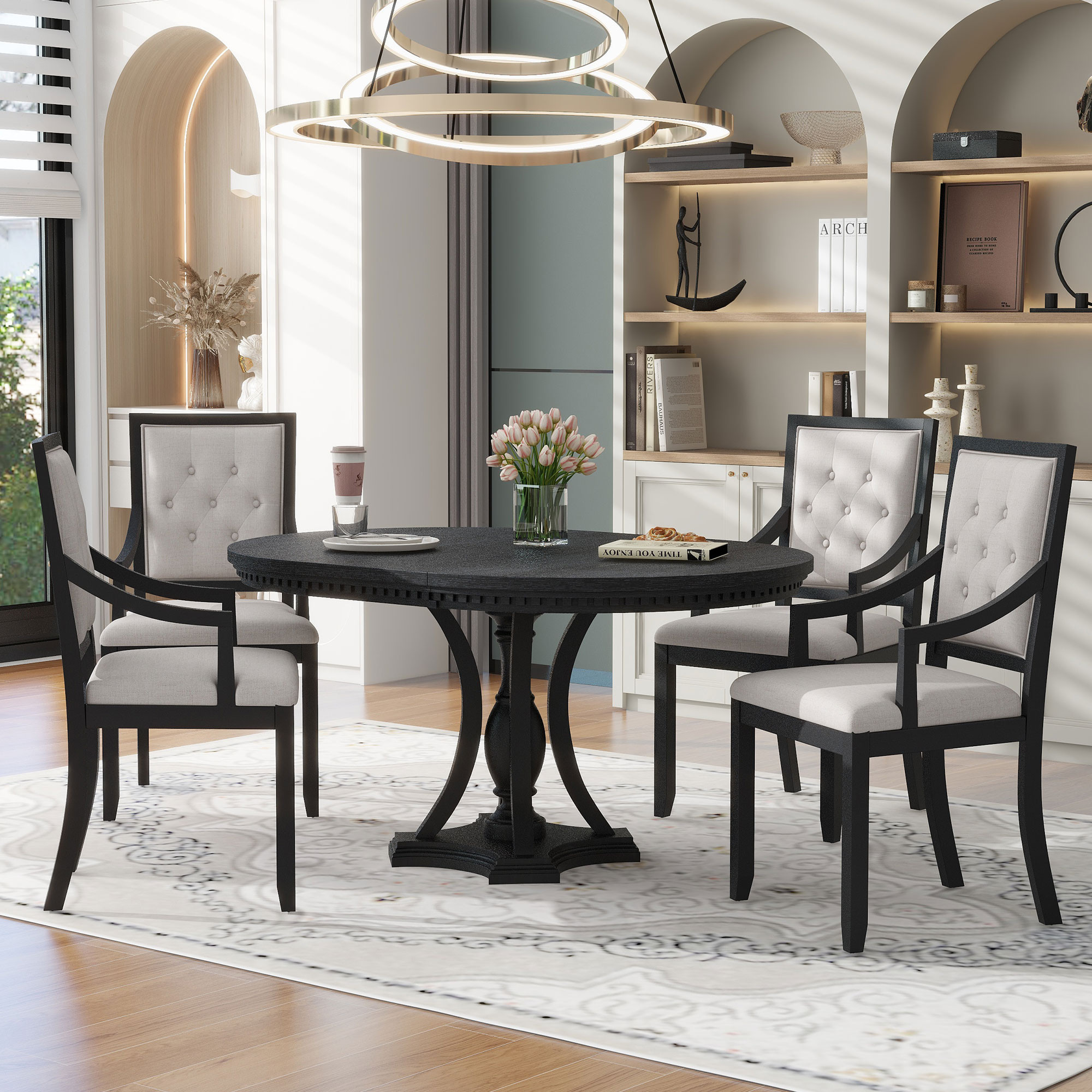 LUXEYARD Retro 5-piece Dining Set Extendable Round Table and 4 Chairs for Kitchen Dining Room(BLACK OAK) | DS-R-0147AAB-2026 | Lowe's