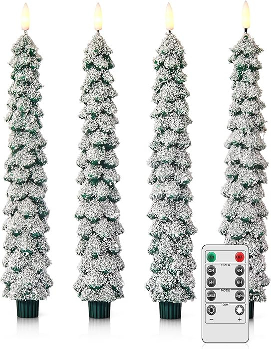 4 Pack Christmas Tree Candles Covered in Snow with Remote, 11 Inch Real Wax flameless Taper Candl... | Amazon (US)