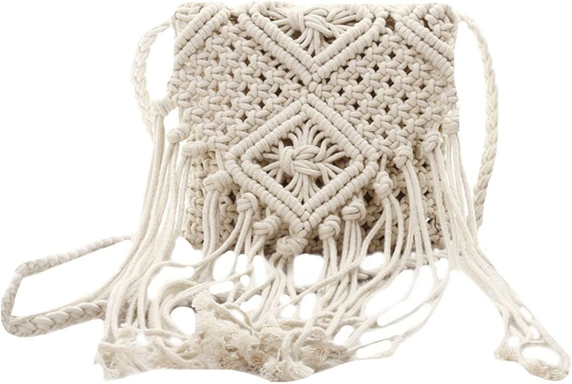 Women Crochet Fringed Shoulder Bag Cotton Tassel Crossbody Bag Bohemian Beach Bag | Amazon (US)