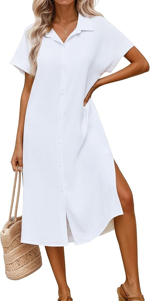 Halife Womens Swimsuit Coverup Shirt Dress Button Down Bathing Suit Cover Up Short Sleeve Beach V... | Amazon (US)
