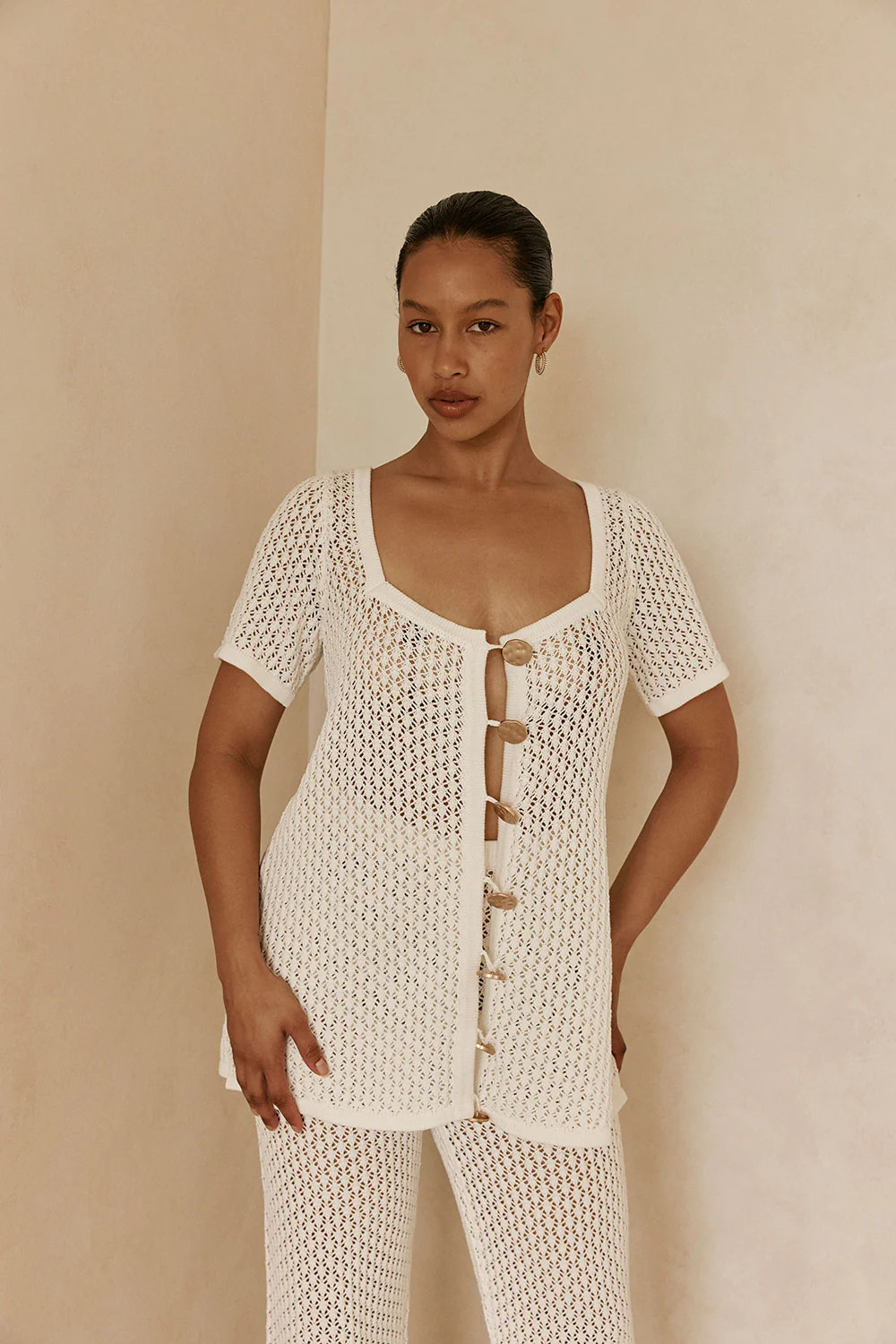 White Crochet Knit Button Up Milana Top | Sabo Skirt AU