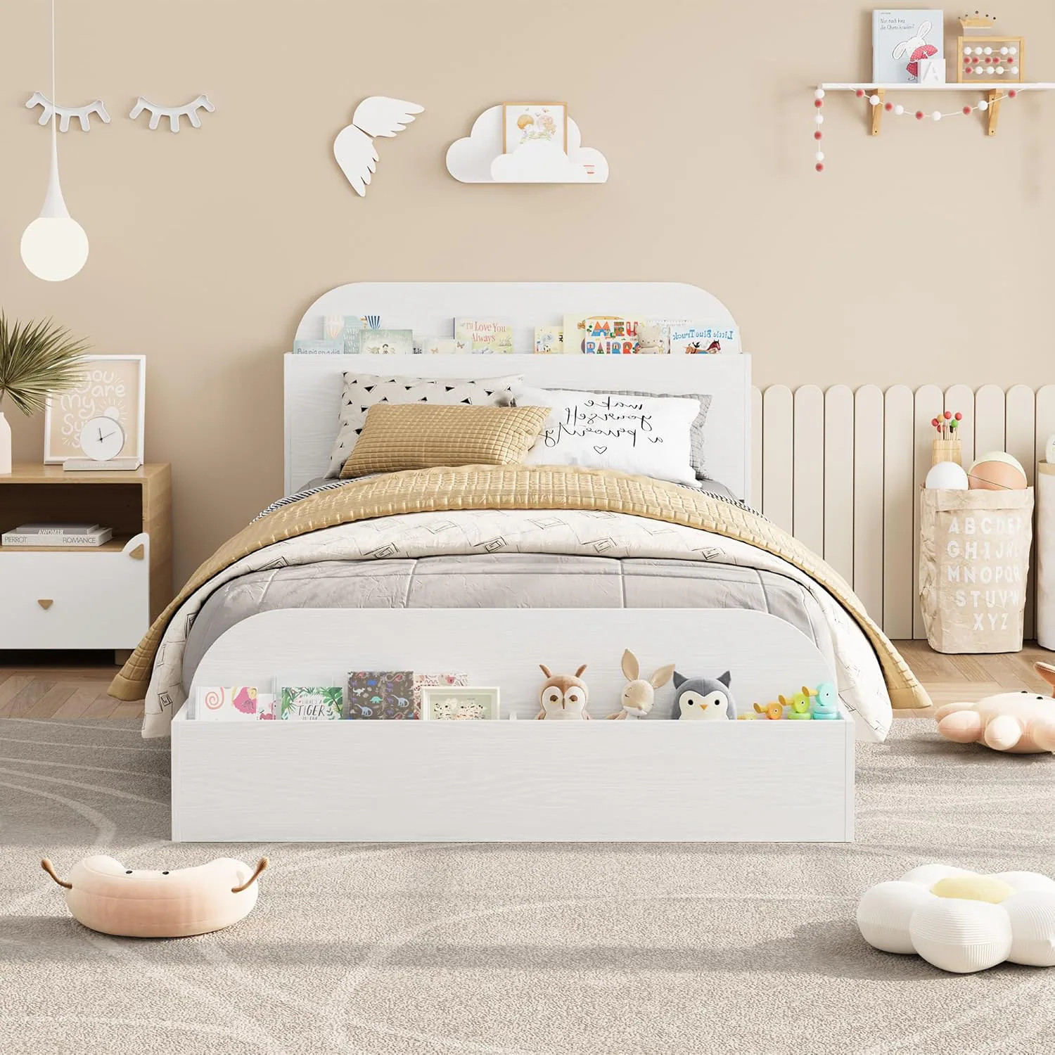 Garvee Twin Kids Bed Frame with Storage Headboard and Footboard Low Profile Wood Platform Bed Sturdy Wood Slats No Box Spring Needed White one_size | Lowe's