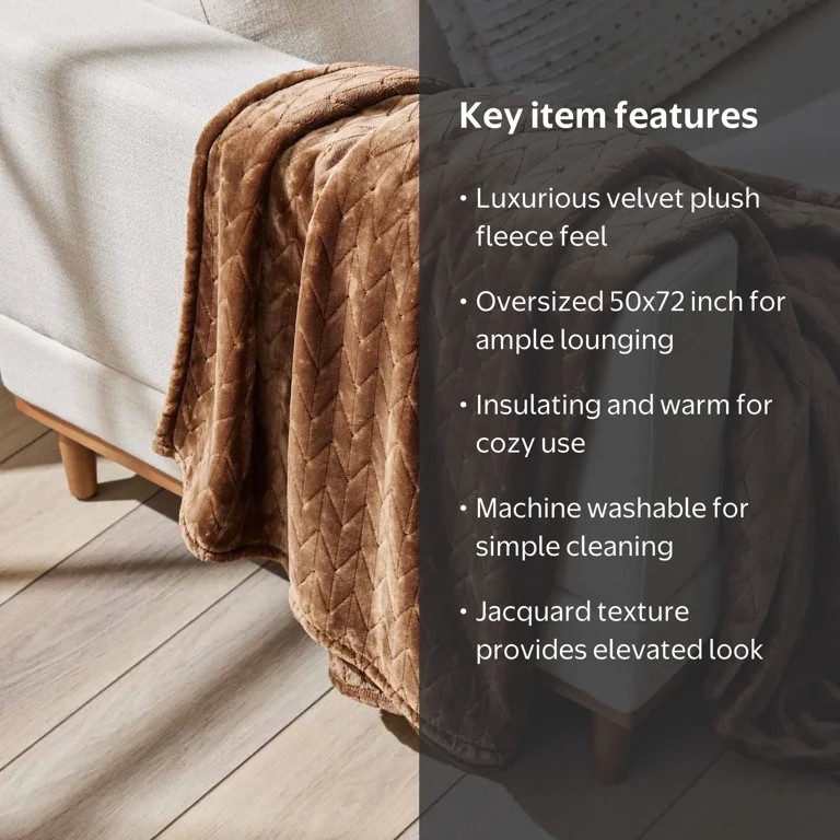 Better Homes & Gardens Textured Velvet Plush Soft Fleece Throw Blanket, Oversized, Brown Wool | Walmart (US)