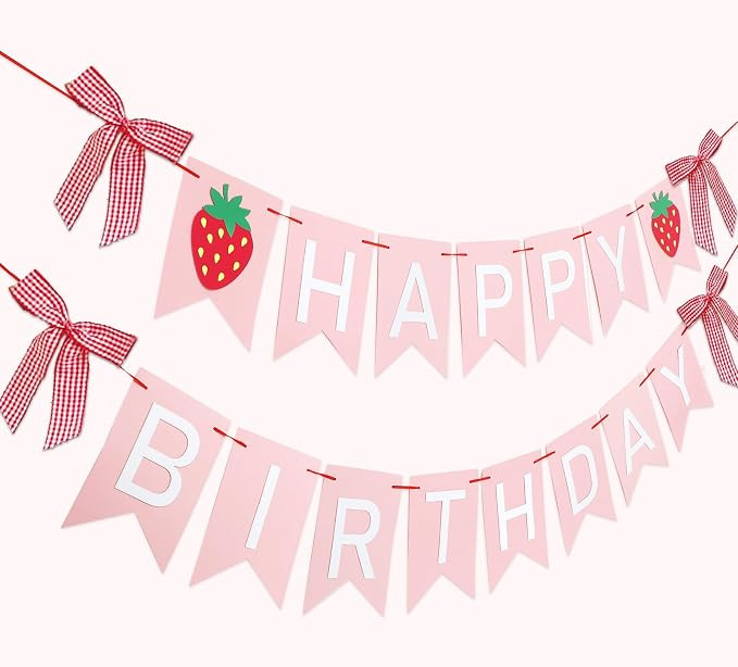 JarThenaAMCS 2Pcs Happy Birthday Banner, Strawberry Bow, Pink White | Amazon (US)
