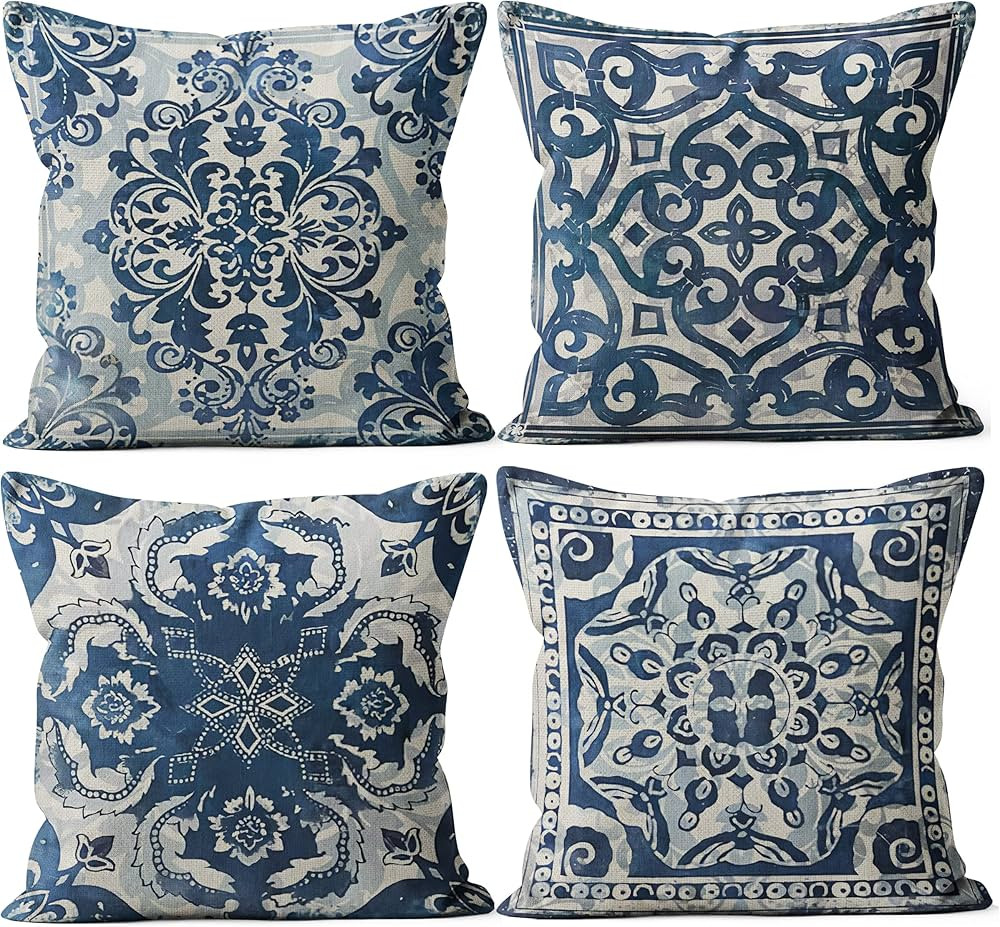 Blue Throw Pillow Covers - Linen Blue Pillow Covers 18x18 Set of 4, Decorative Blue and White Pil... | Amazon (US)