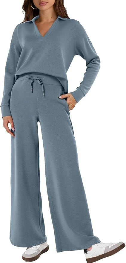 Glamaker Women's 2 Piece Sets Outfits Casual Long Sleeve Sweatsuits Polo Top and Wide Leg Pants M... | Amazon (US)