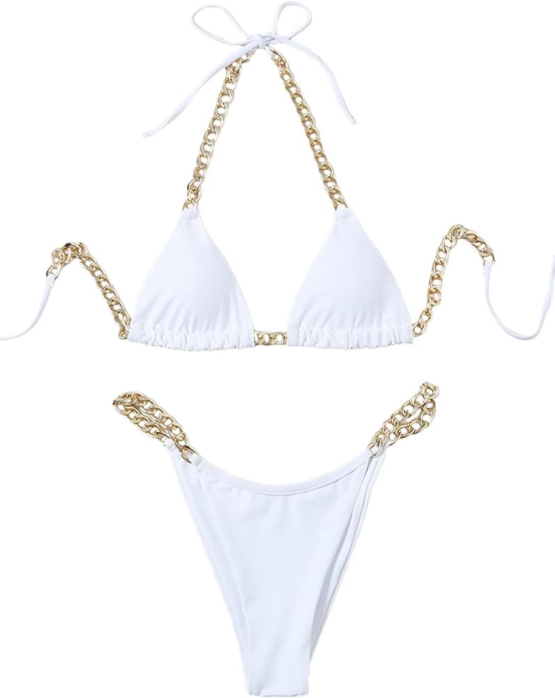 MakeMeChic Women's Chain Linked Triangle High Cut Thong Bikini Swimsuit | Amazon (US)