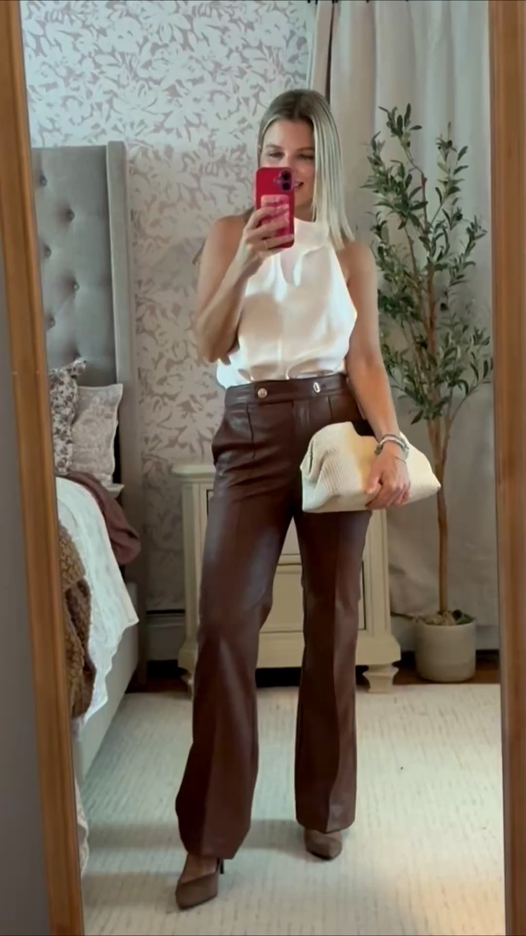 Silk halter
Petite pants
Workwear option! 

Love these dual texture heels! 
Clutch is $20 and looks designer!!

#LTKootd #LTKSaleAlert #LTKPetite
