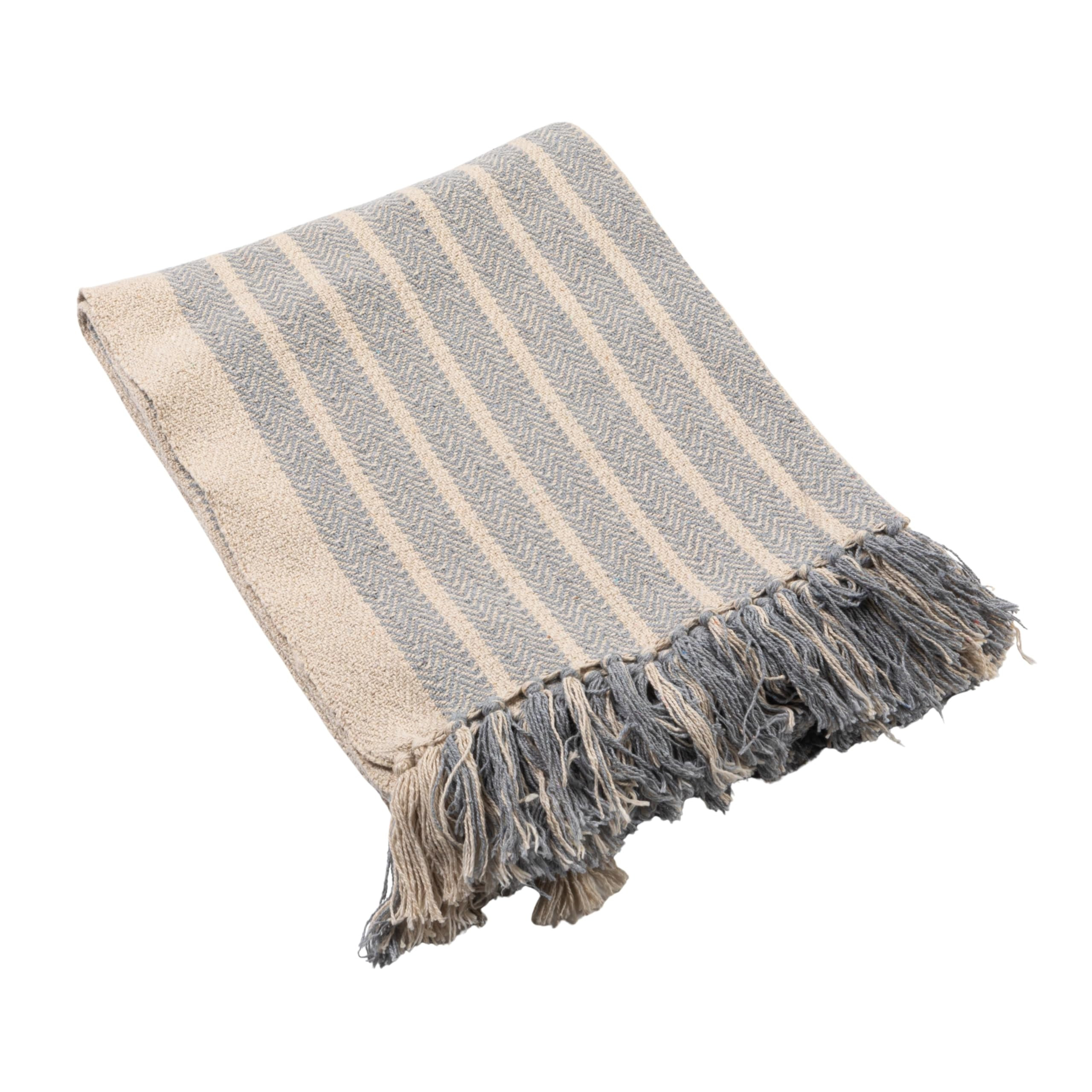 Creative Co-Op Woven Cotton Blend Throw with Stripes and Fringe, Blue and Natural | Amazon (US)