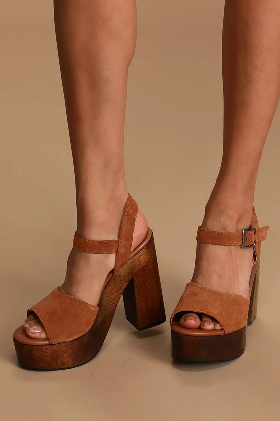 Lolita Leather Cognac Suede Wooden Platform Heels | Lulus (US)