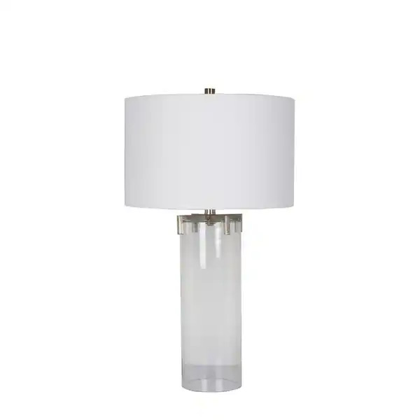 Clear Glass Base Table Lamp With A White Drum Shade - Overstock - 27587903 | Bed Bath & Beyond