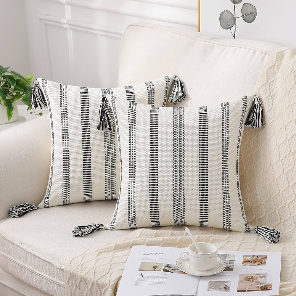 Smile Bee Boho Outdoor Throw Pillow Covers Set of 2, Decorative Woven Striped Pillow Covers with ... | Amazon (US)