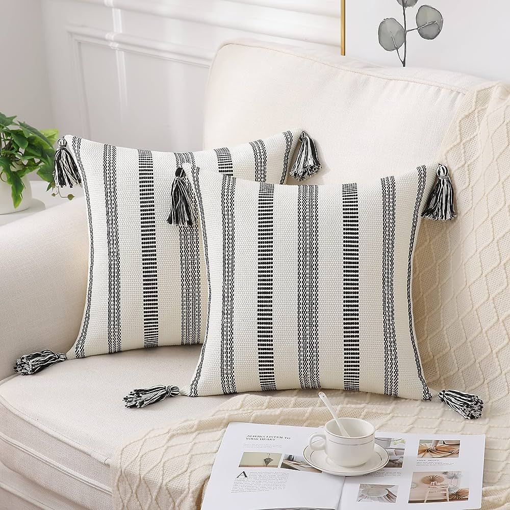 Smile Bee Boho Outdoor Throw Pillow Covers Set of 2, Decorative Woven Striped Pillow Covers with ... | Amazon (US)