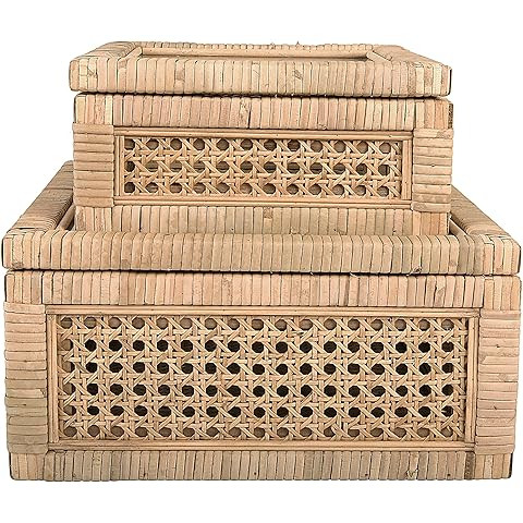 Rattan Display Box for Home Decor with Lid - Rectangular Coastal Bohemian Style Stackable Decorat... | Amazon (US)