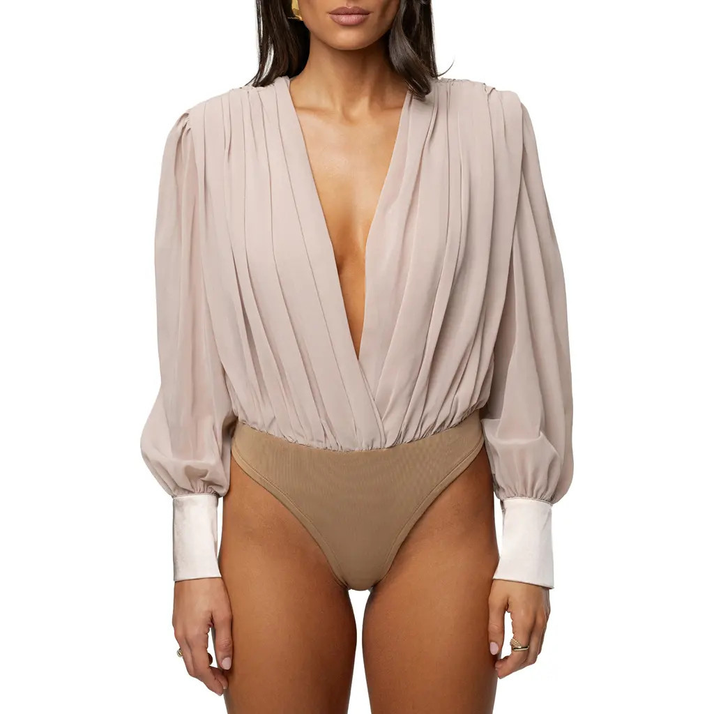 JLUXLABEL Pleated Long Sleeve Bodysuit in Beige at Nordstrom, Size Large | Nordstrom
