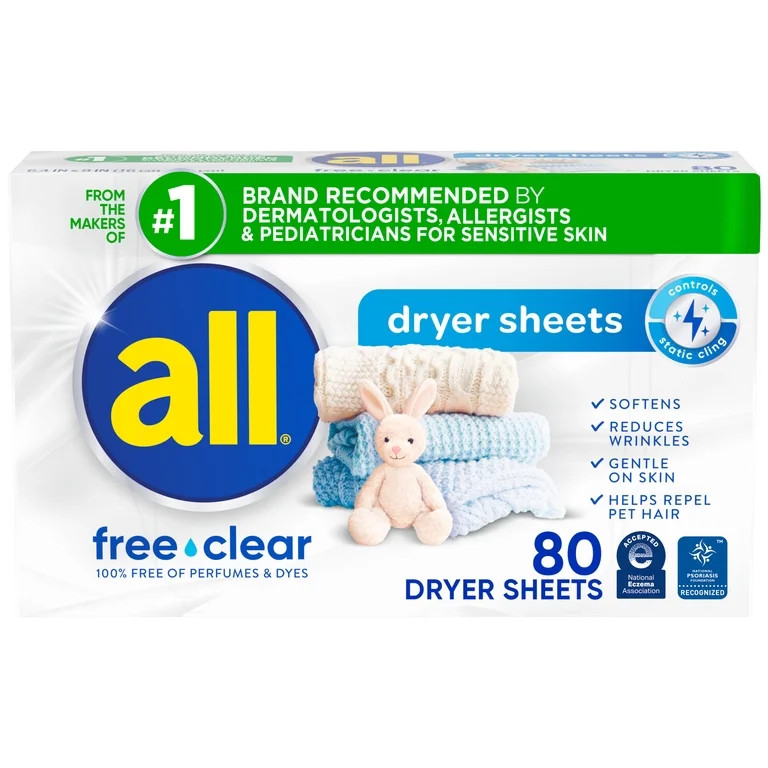 all free clear Fabric Softening Dryer Sheets for Sensitive Skin, Controls Static, 80 Count | Walmart (US)