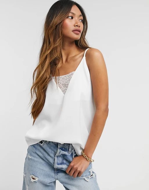 River Island lace insert satin cami top in white | ASOS (Global)